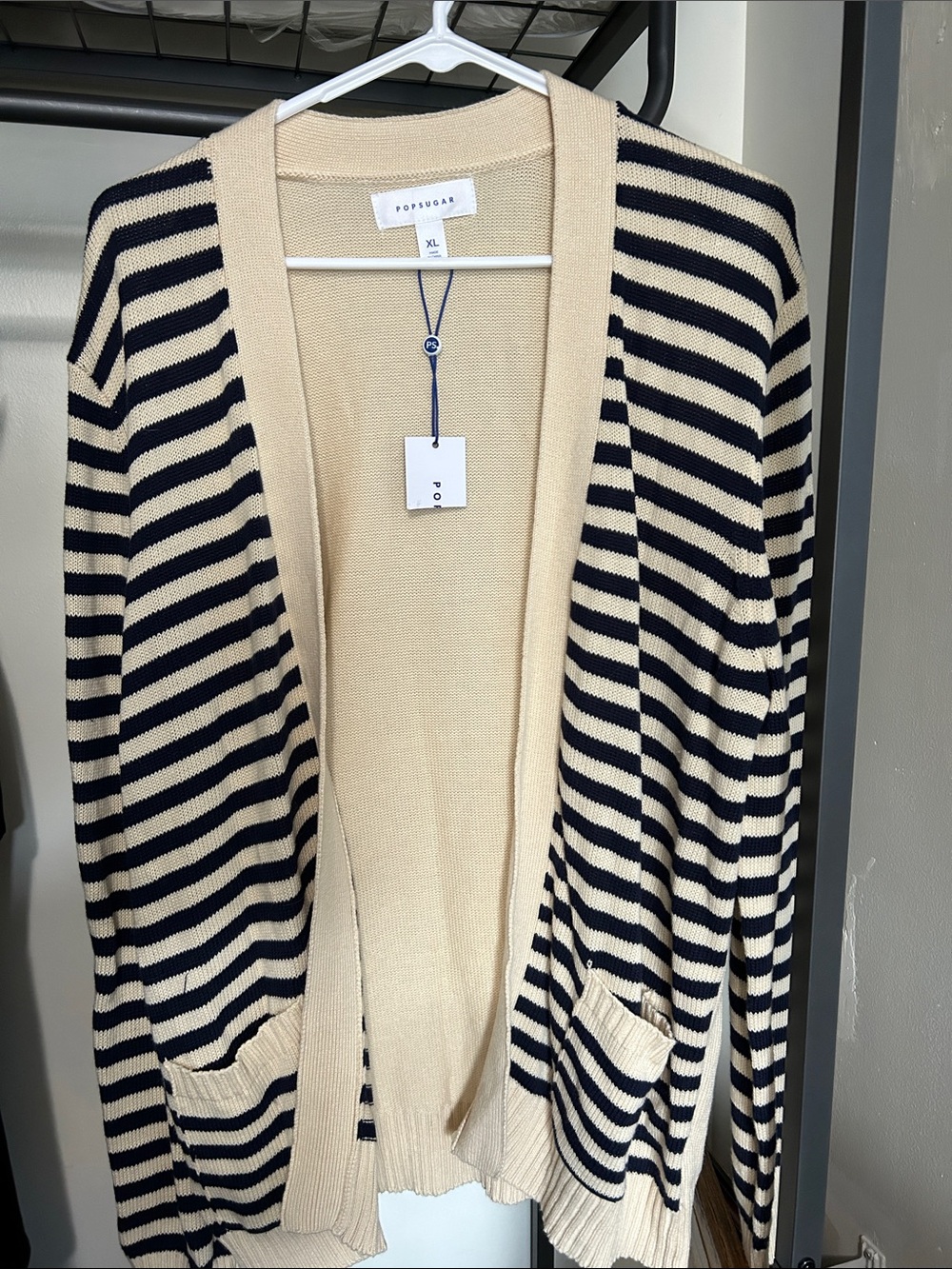 POPSUGAR Striped Open-Front Cardigan in Cream and Navy